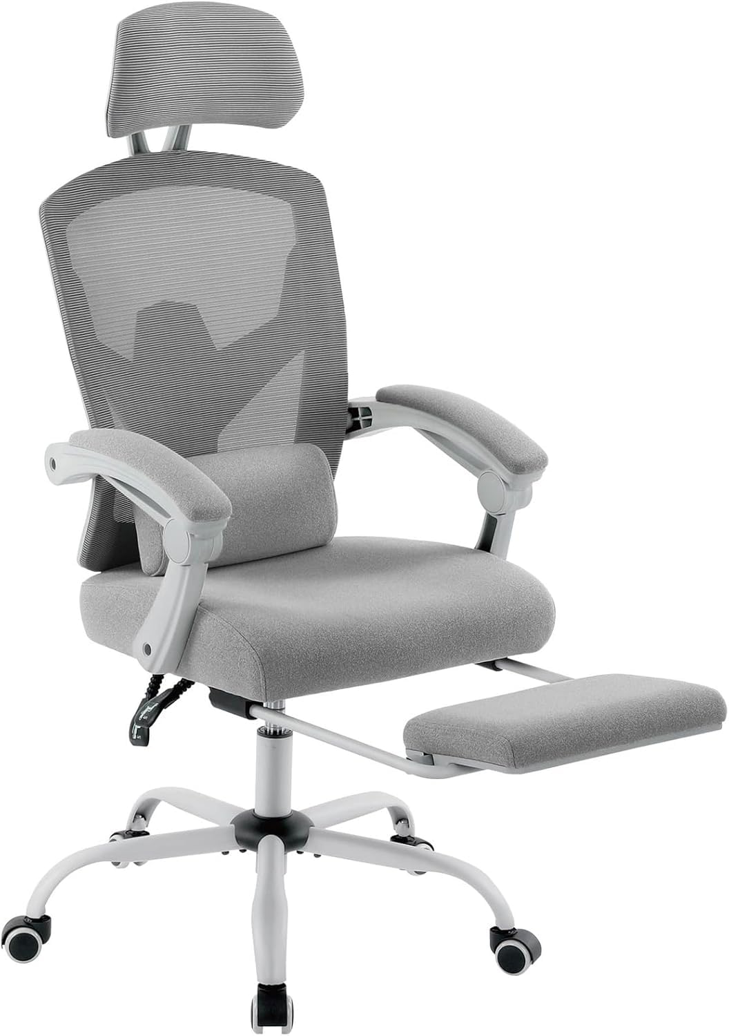 Home Office Desk Chair with Footrest, High-Back Mesh Rolling Swivel Reclining Chairs with Wheels, Comfortable Headrest, Lumbar Support, Comfy Arms for Home, Office, Gaming, Student, Grey