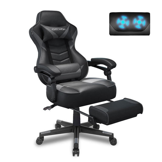 Gaming Chairs with Massager, Computer Gamer Chair with Footrest for Adults High Back Reclining Ergonomic Computer Desk Chair with Armrest, Headrest and Lumbar Support PU Leather (Grey)