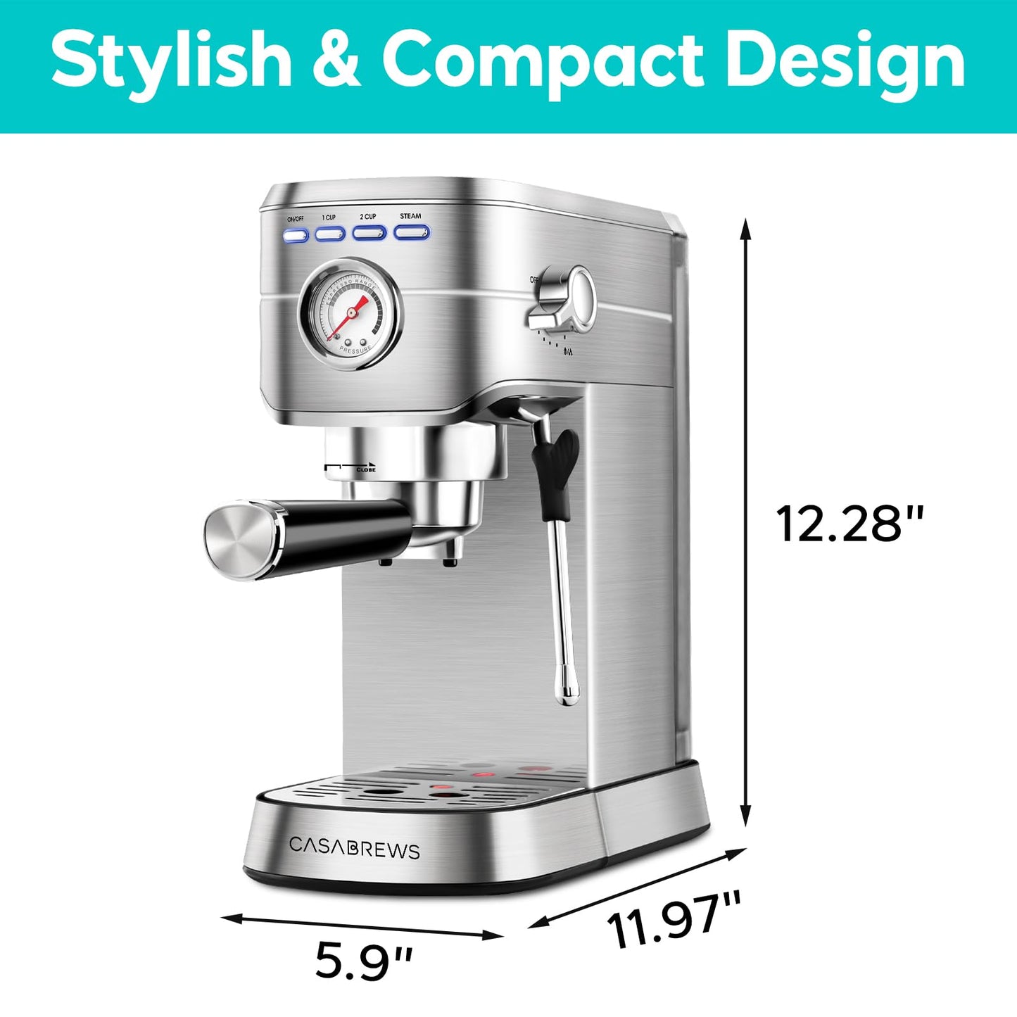 CASABREWS Espresso Machine 20 Bar, Professional Espresso Maker with Milk Frother Steam Wand, Compact Espresso Coffee Machine with 34oz Removable Water Tank for Cappuccino, Latte, Silver