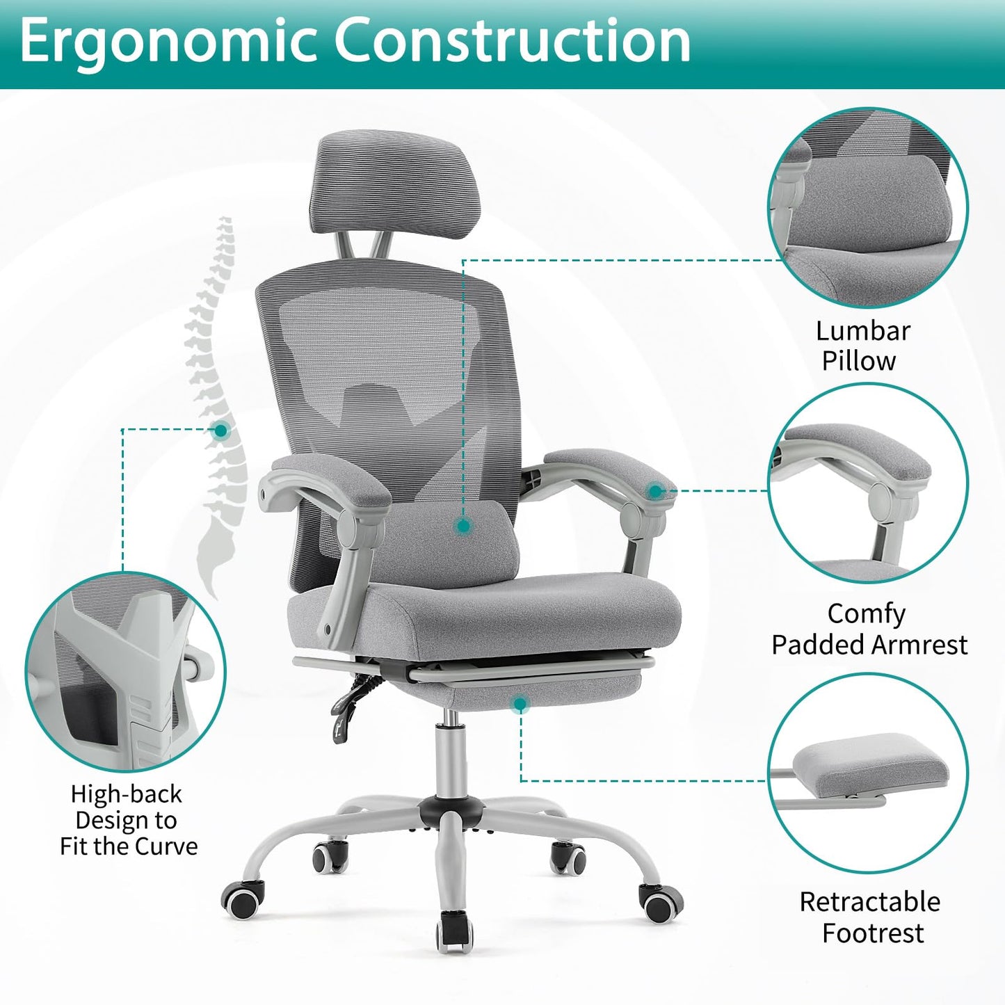 Home Office Desk Chair with Footrest, High-Back Mesh Rolling Swivel Reclining Chairs with Wheels, Comfortable Headrest, Lumbar Support, Comfy Arms for Home, Office, Gaming, Student, Grey