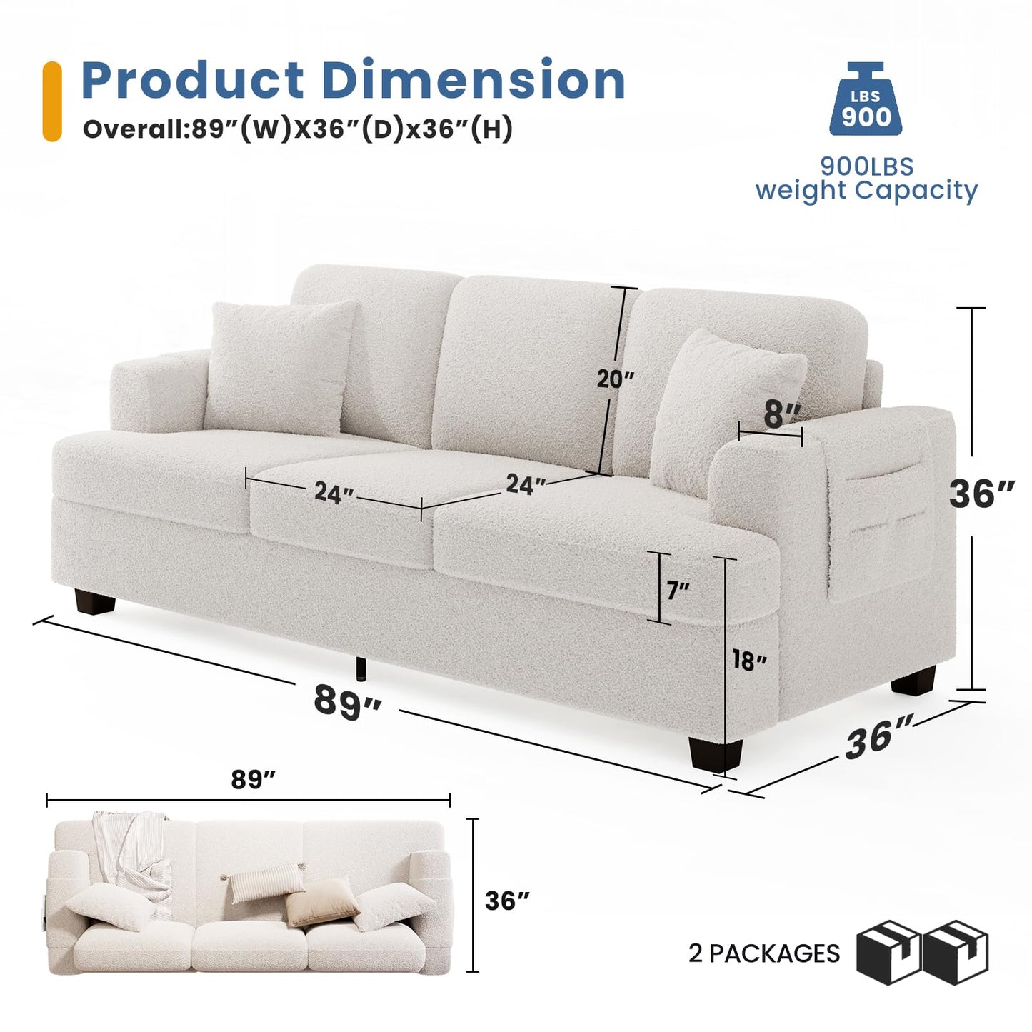 Deep Seat Sofa 89 Inch with Throw Pillow, Modern Sofa, Couches for Living Room, Comfy Sofa, Sleeper Couch, Bouclé, Offwhite