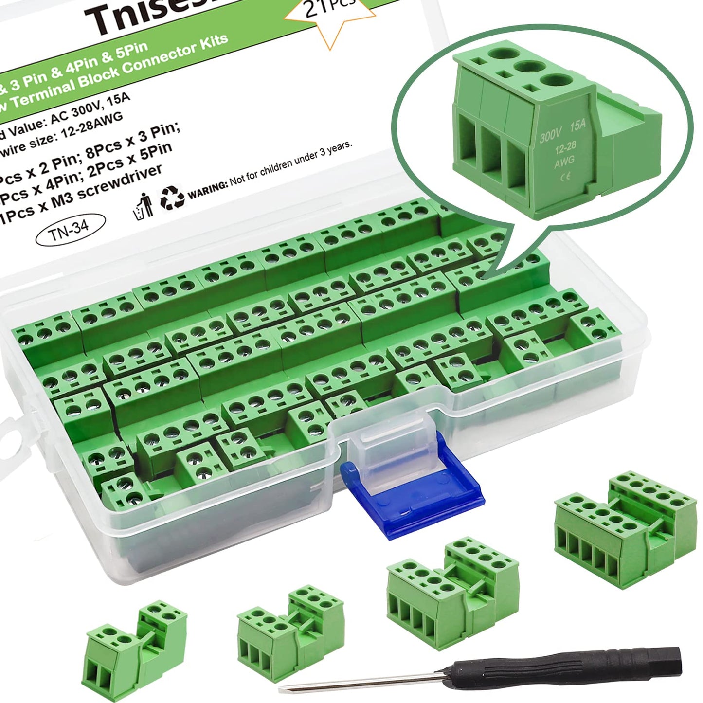 Tnisesm 21Pcs Screw Terminal Block Connector Kit 5.08mm Pitch Pluggable (2Pin 3Pin 4Pin 5Pin) 300V 15A for 28-12AWG Cable