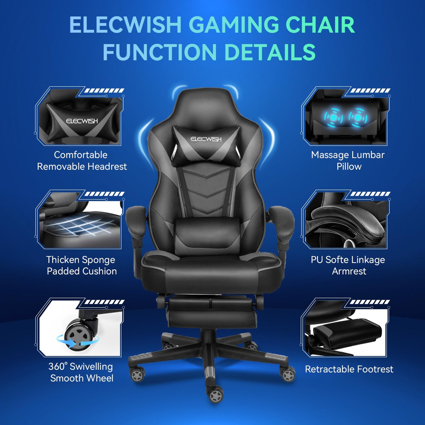 Gaming Chairs with Massager, Computer Gamer Chair with Footrest for Adults High Back Reclining Ergonomic Computer Desk Chair with Armrest, Headrest and Lumbar Support PU Leather (Grey)