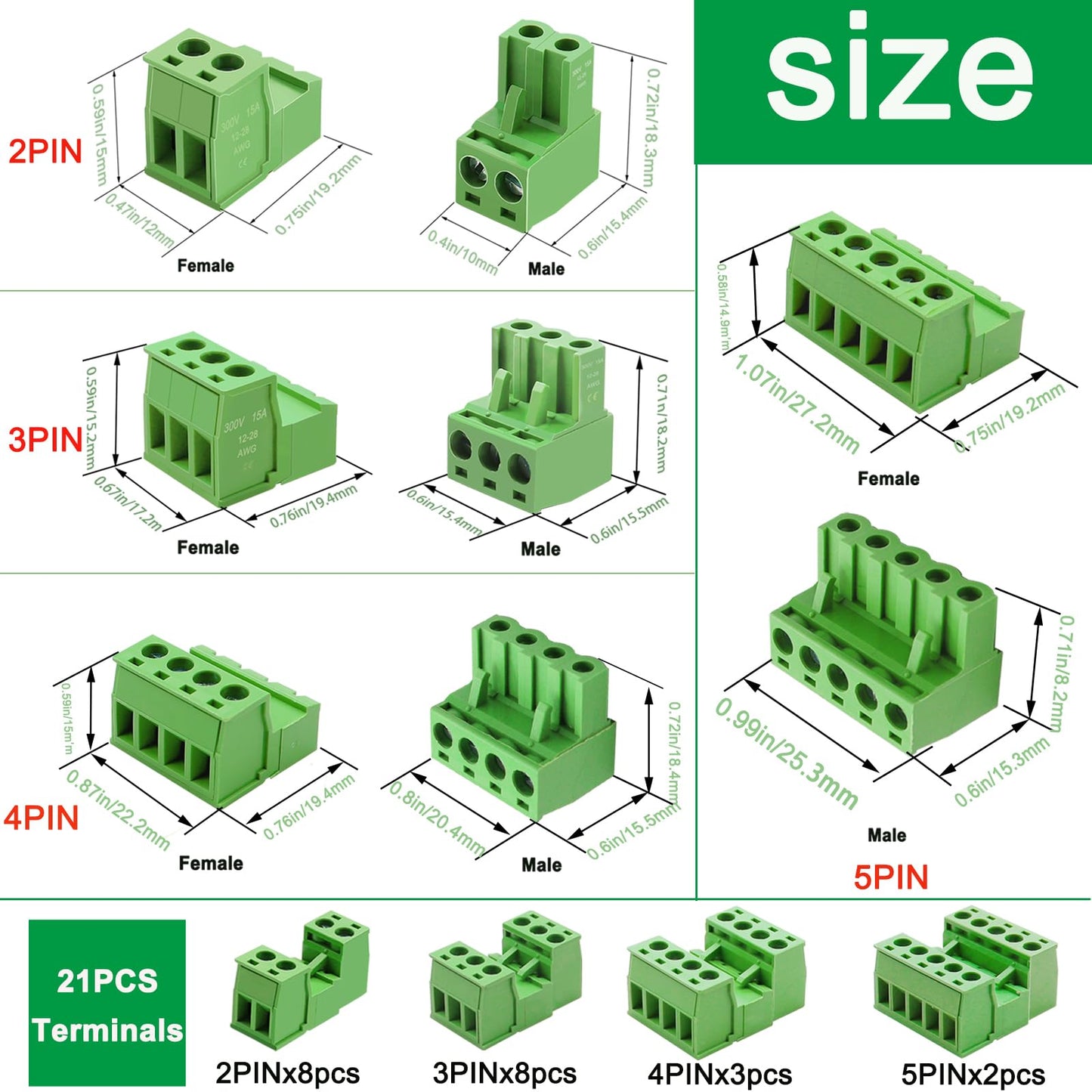 Tnisesm 21Pcs Screw Terminal Block Connector Kit 5.08mm Pitch Pluggable (2Pin 3Pin 4Pin 5Pin) 300V 15A for 28-12AWG Cable