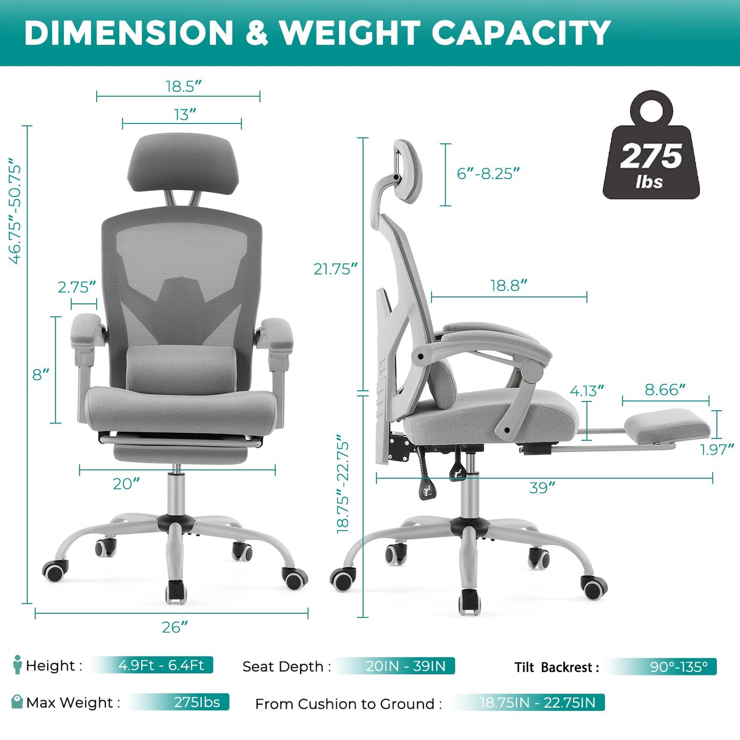 Home Office Desk Chair with Footrest, High-Back Mesh Rolling Swivel Reclining Chairs with Wheels, Comfortable Headrest, Lumbar Support, Comfy Arms for Home, Office, Gaming, Student, Grey