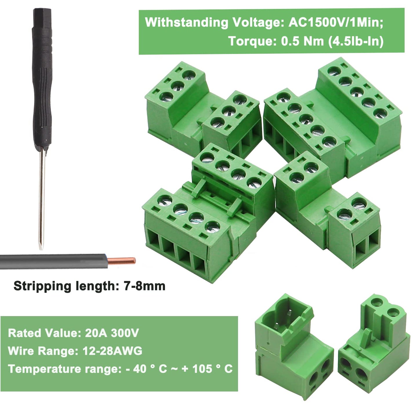 Tnisesm 21Pcs Screw Terminal Block Connector Kit 5.08mm Pitch Pluggable (2Pin 3Pin 4Pin 5Pin) 300V 15A for 28-12AWG Cable