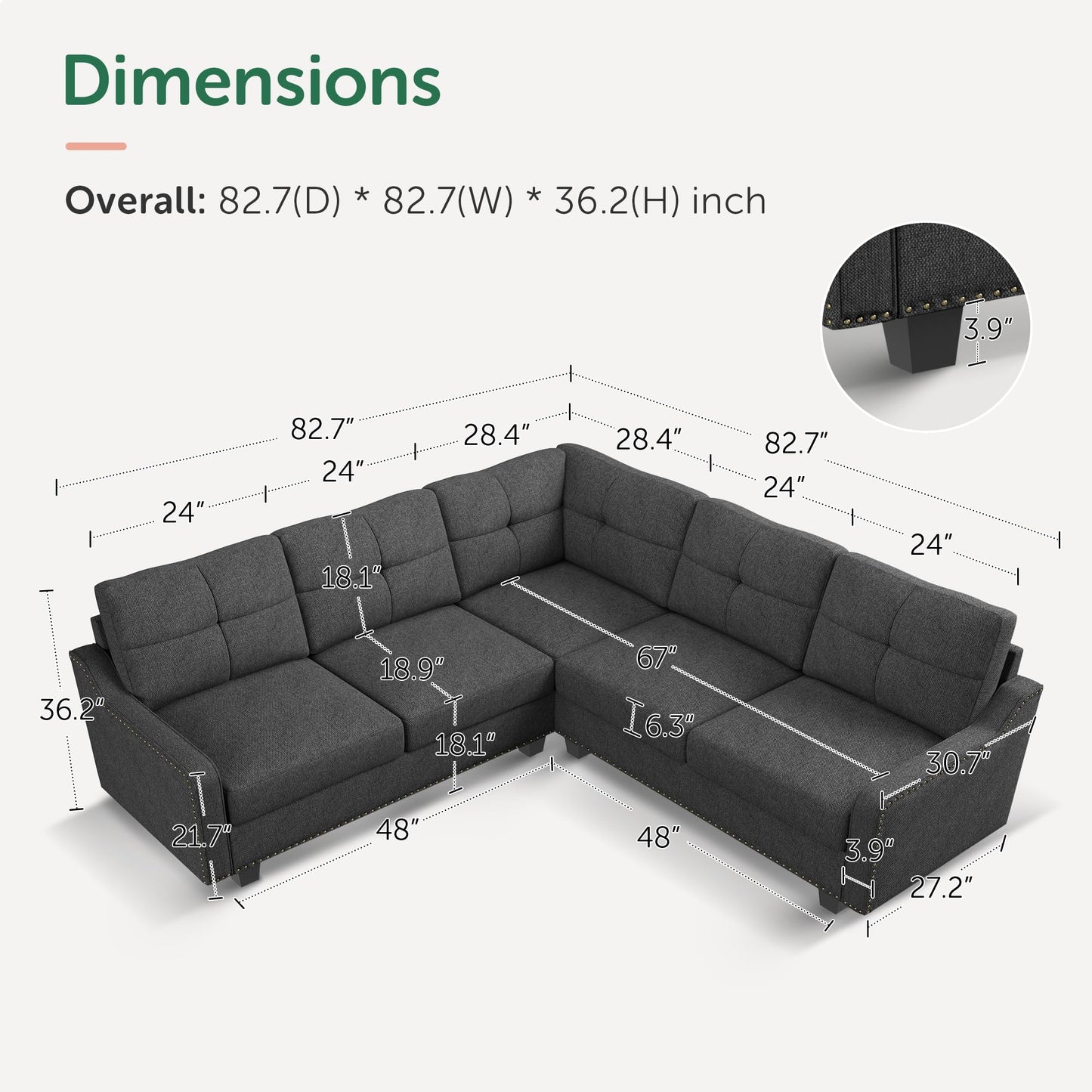 Convertible Sectional Sofa L Shaped Couch for Small Apartment Reversible Sectional Couches for Living Room,Dark Grey