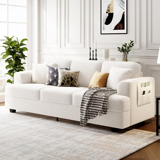 Deep Seat Sofa 89 Inch with Throw Pillow, Modern Sofa, Couches for Living Room, Comfy Sofa, Sleeper Couch, Bouclé, Offwhite