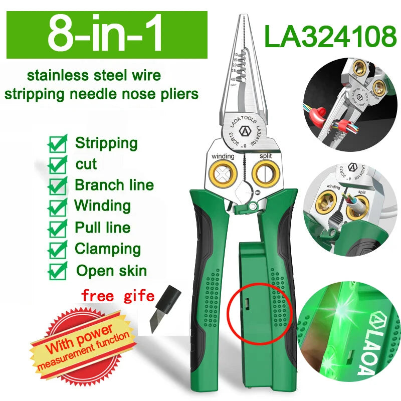 Electrician's pliers, multi-function wire stripper, 8-in-1 stainless steel